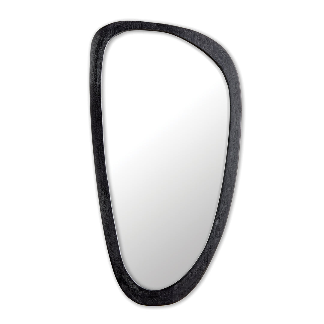 Studio image of mid-century modern wall mirror with black wood frame and sculptural organic shape.

