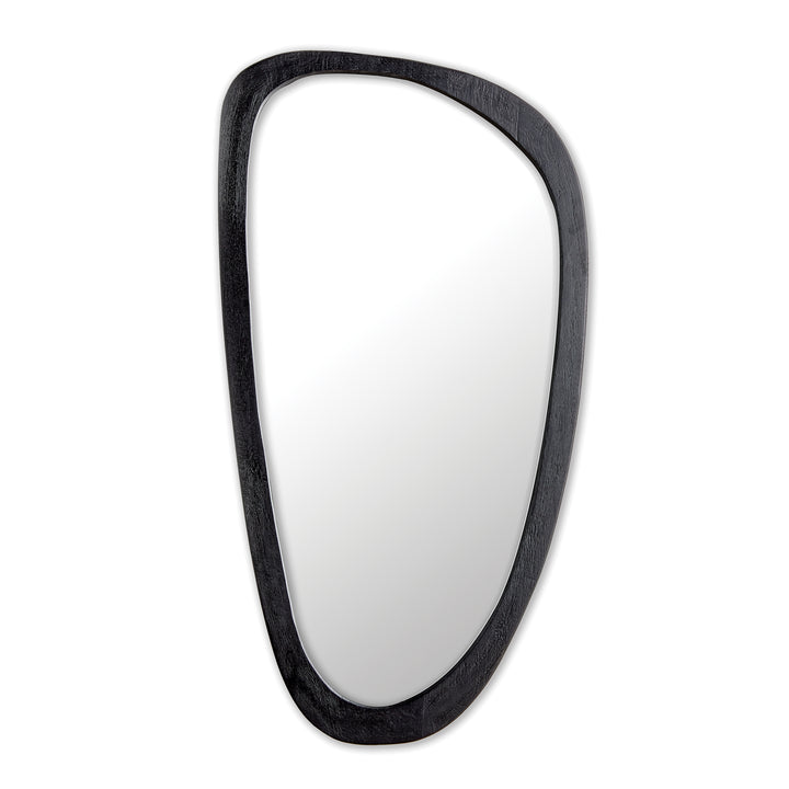 Studio image of mid-century modern wall mirror with black wood frame and sculptural organic shape.

