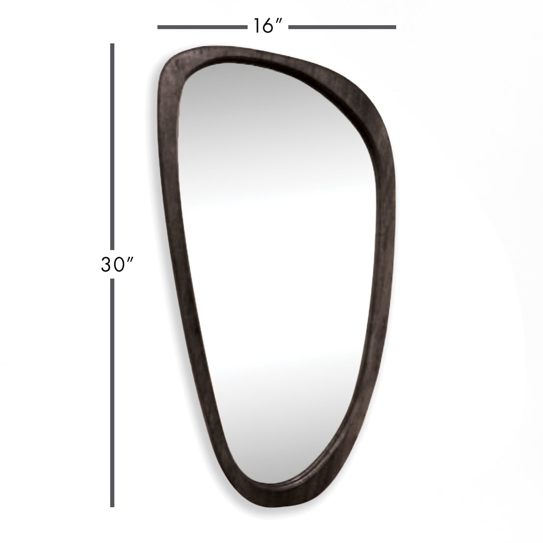 Mid-century modern wall mirror with organic silhouette shown with 16 x 30 inch dimensions for scale reference.