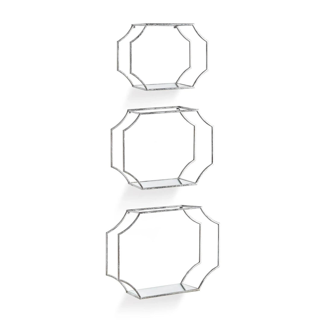 Full product view of silver mirrored wall shelves in a geometric Art Deco shape, set of three

