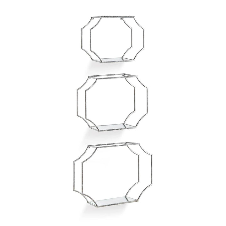 Full product view of silver mirrored wall shelves in a geometric Art Deco shape, set of three

