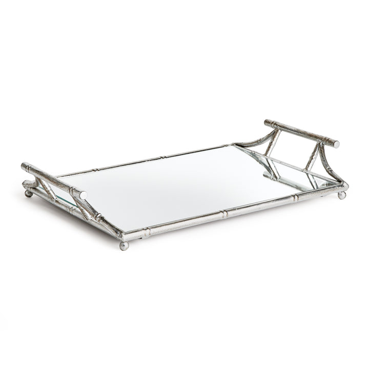 Antique silver mirrored tray with handles, 20 inches long, shown at an angle, modern classic decor for coffee tables

