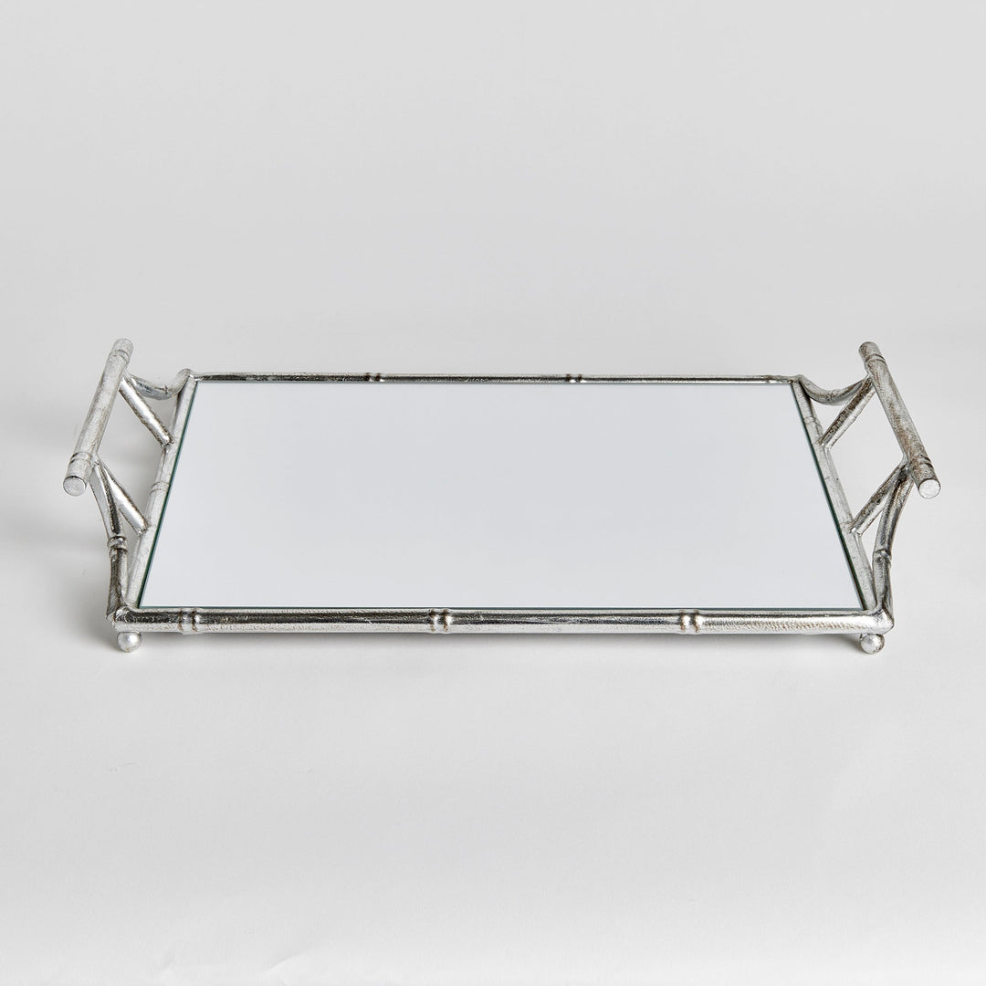 Top view of antique silver mirrored tray with handles, reflective surface for coffee tables, consoles, and vanities

