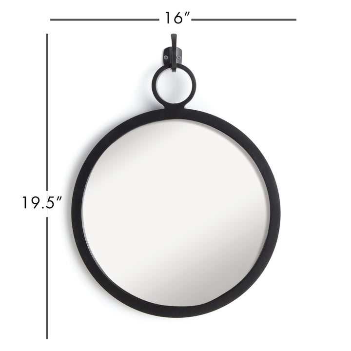 Minimalist black round wall mirror with sculptural hook, 16x19.5 inches, perfect for Scandinavian or modern interiors