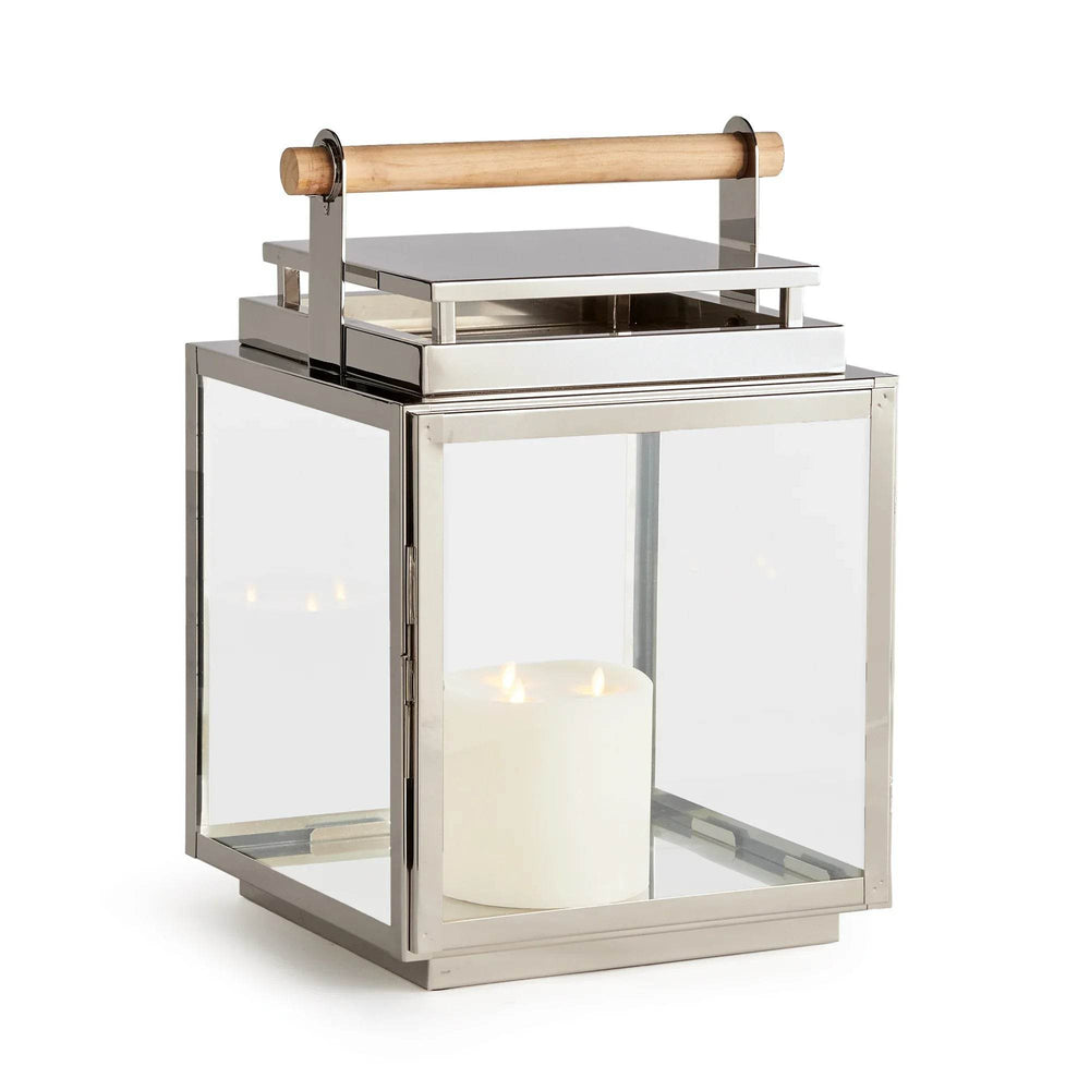 Large silver outdoor lantern with teak handle and glass panels, front angle.