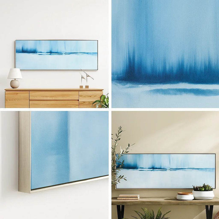 Coastal wall art collage with abstract blue canvas painting in various styled interiors and close-up frame detail