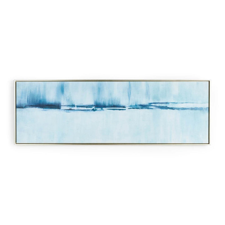 Framed landscape painting with blue tones in modern coastal style, shown front-facing as wall art accent.

