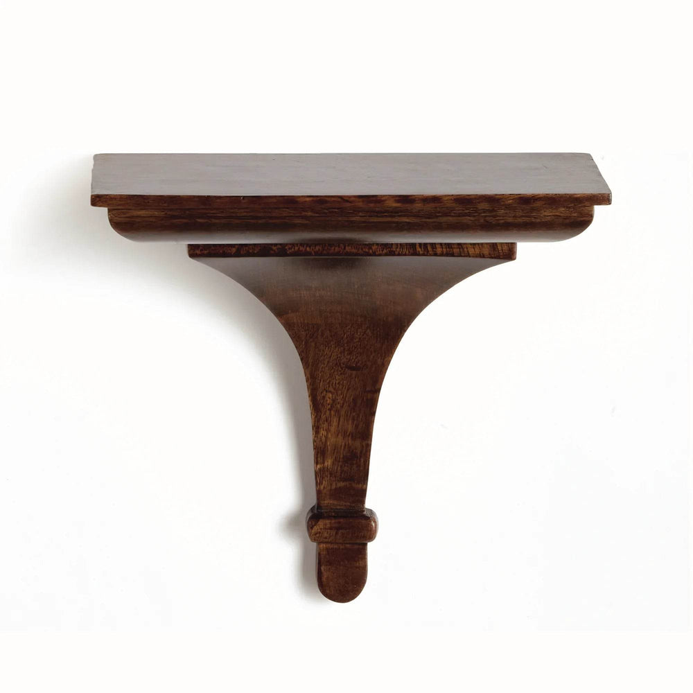 Medium mango wood wall bracket in antique brown finish with corbel-inspired profile, 9 inches high – Modern Colonial
