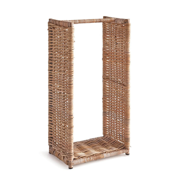 Freestanding vertical rattan log basket on white backdrop, tall modern farmhouse wood holder