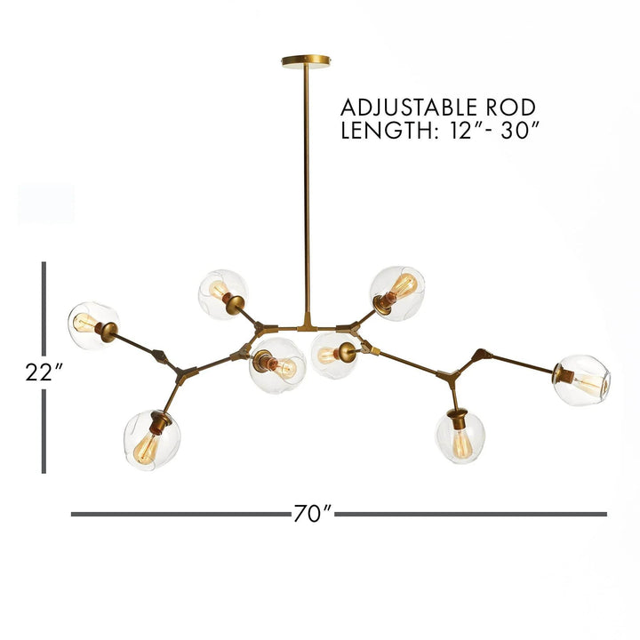 Dimensional guide of brass chandelier showing 70" span, 22" height, and 12-30" adjustable rod length.
