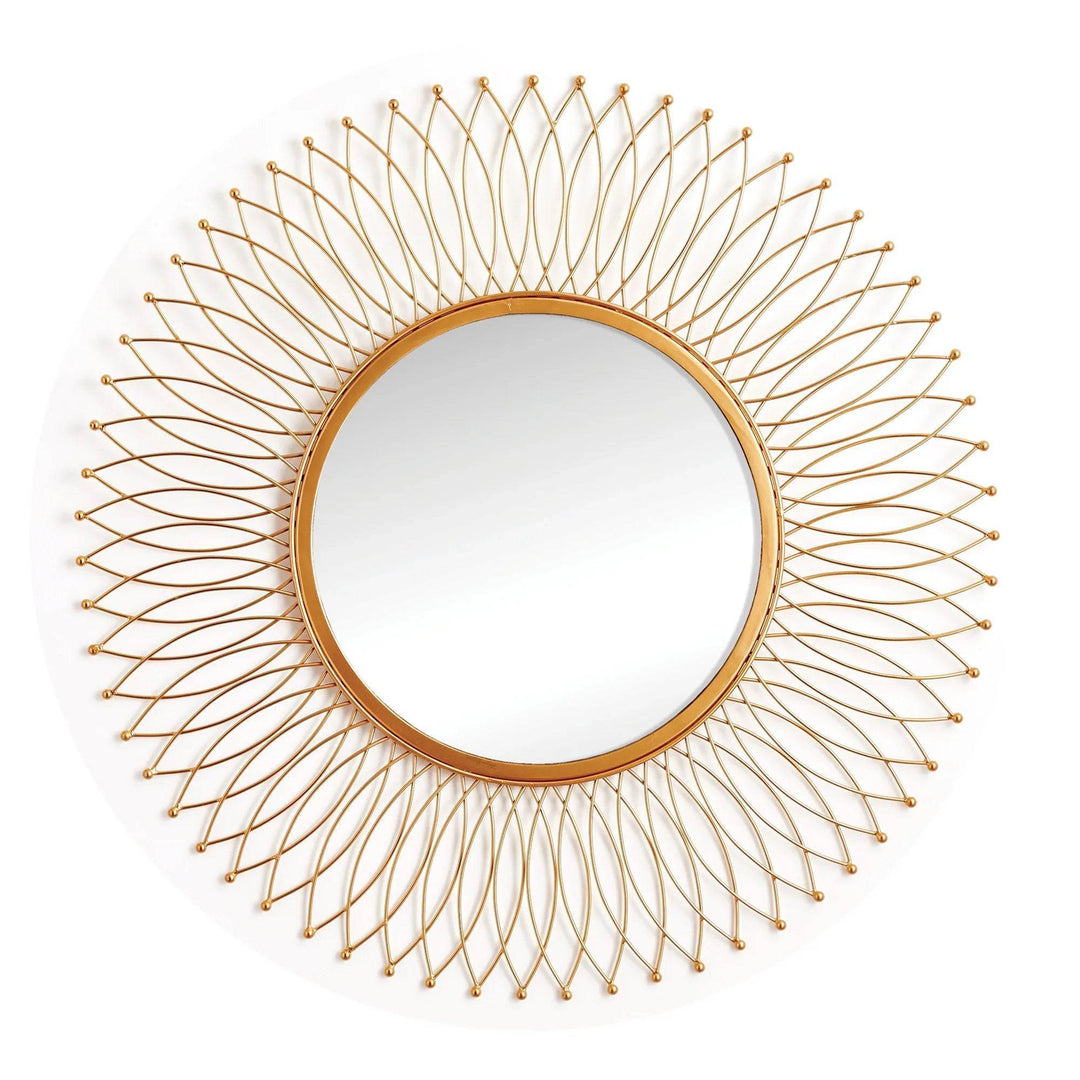 Round modern gold mirror with decorative wire frame, styled as a bold wall accent for contemporary interiors.

