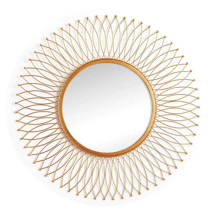 Round modern gold mirror with decorative wire frame, styled as a bold wall accent for contemporary interiors.

