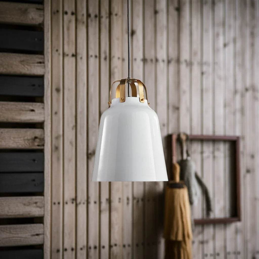 Modern industrial pendant light styled in rustic wood-paneled hallway

