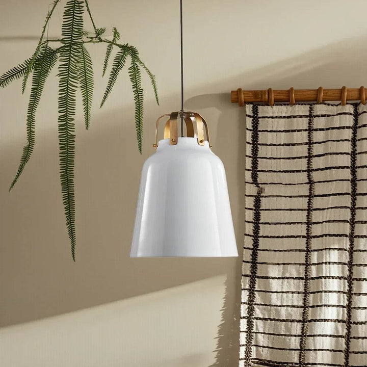 Modern industrial pendant light styled in coastal interior with plant and bamboo shades
