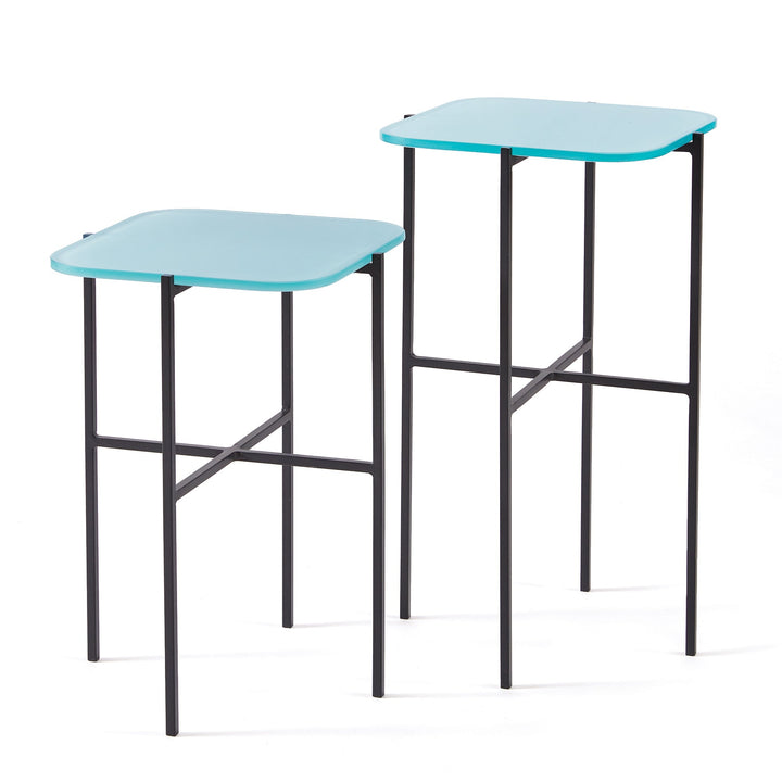 Modern minimalist icy blue side tables set of 2 on white background