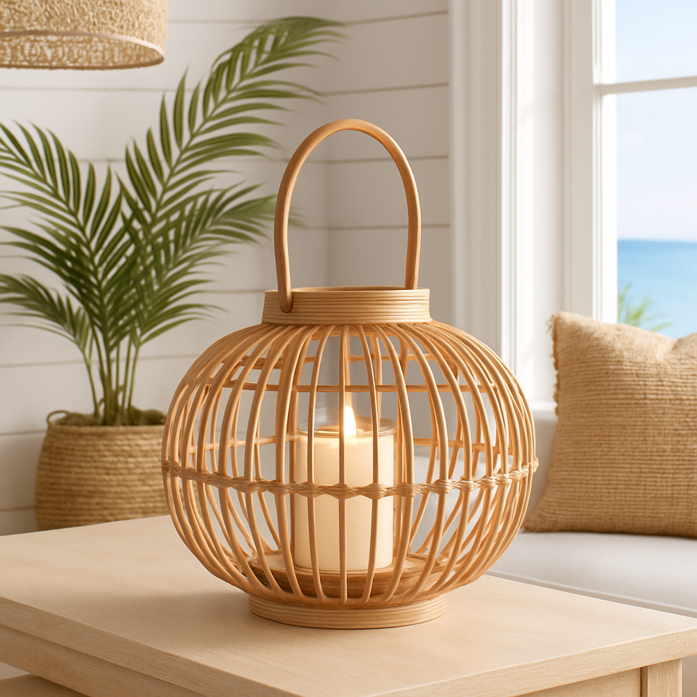 Modern natural rattan lantern styled in a coastal boho setting with soft textures and natural light for a relaxed ambiance