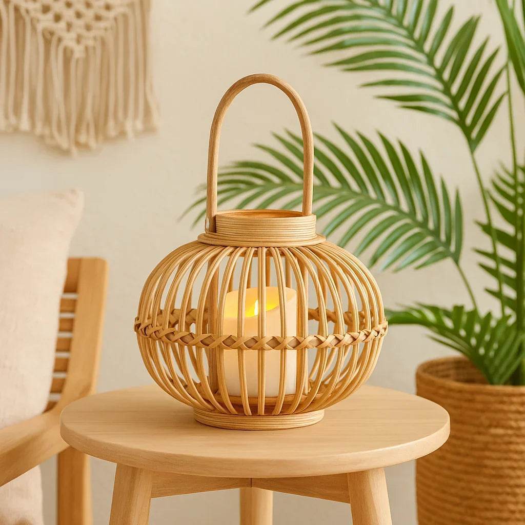 Modern natural rattan lantern in small size styled in coastal boho entryway, perfect for warm ambient decor


