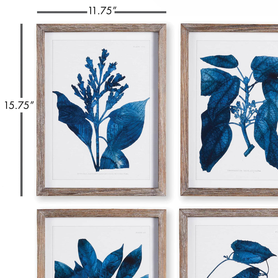Modern organic deep blue botanical wall art showing sizing and rustic frame details

