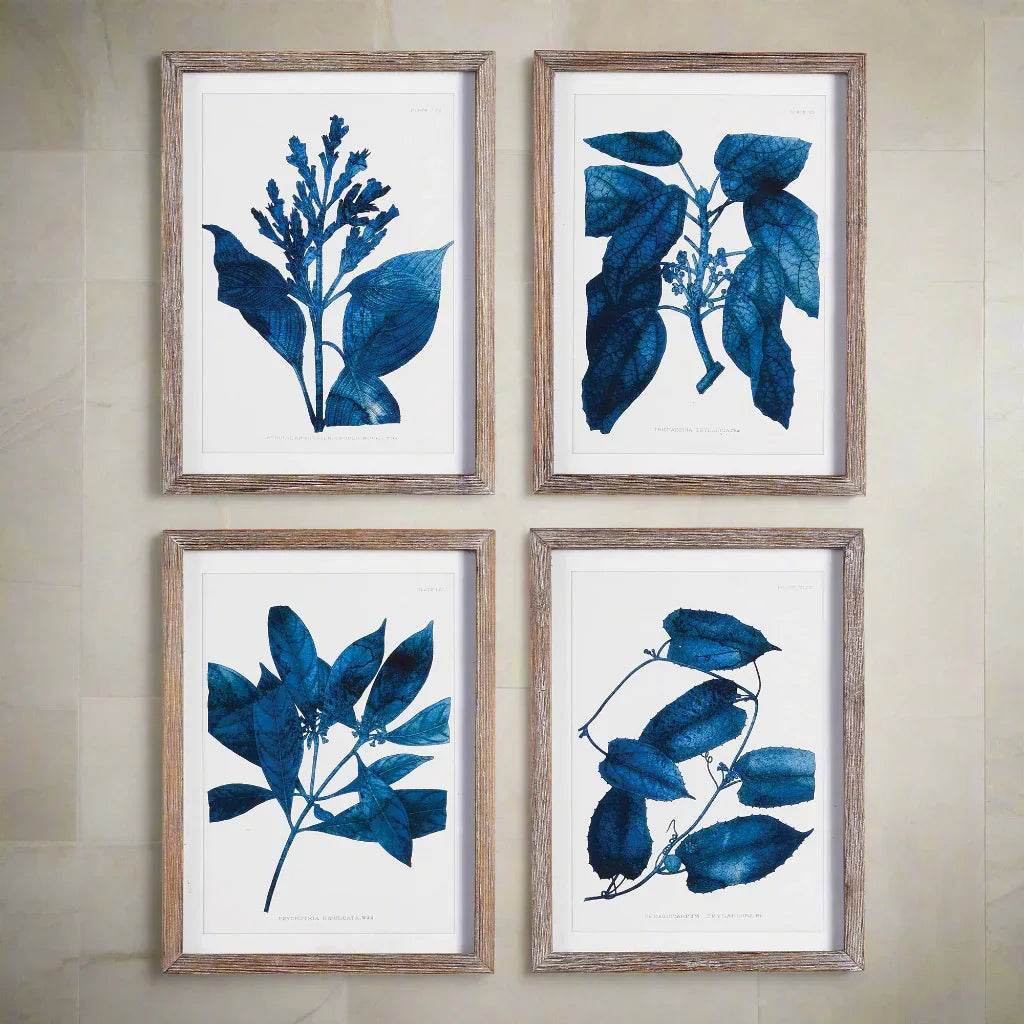 Modern organic deep blue botanical art set of four on a warm neutral wall – framed wall décor
