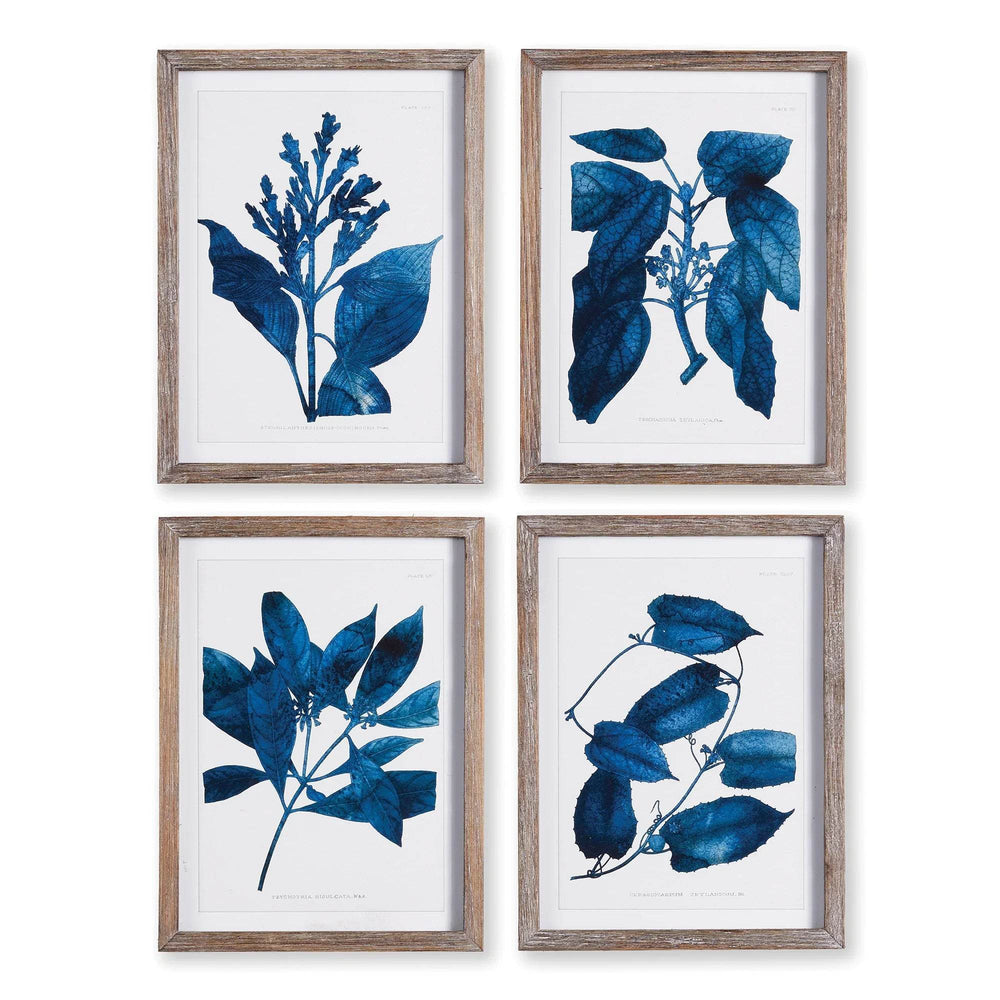 Modern organic wall art set of 4 botanical prints in deep blue with rustic wood frame – styled front view
