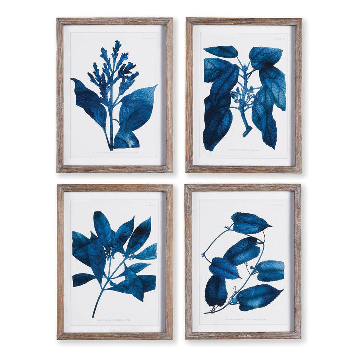 Modern organic wall art set of 4 botanical prints in deep blue with rustic wood frame – styled front view

