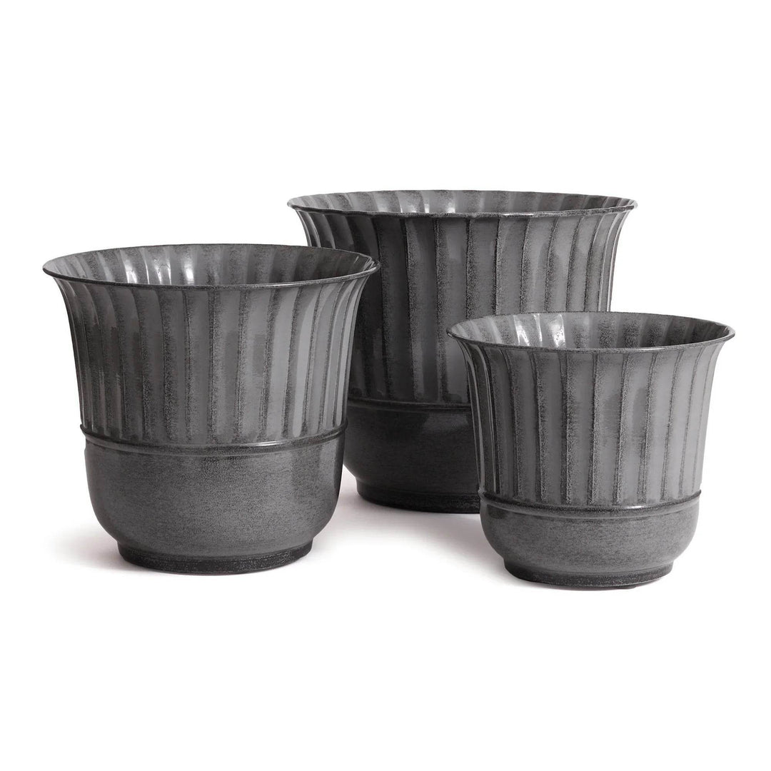 Modern Organic gray metal planter pots in a set of three with ridged detailing and flared rims