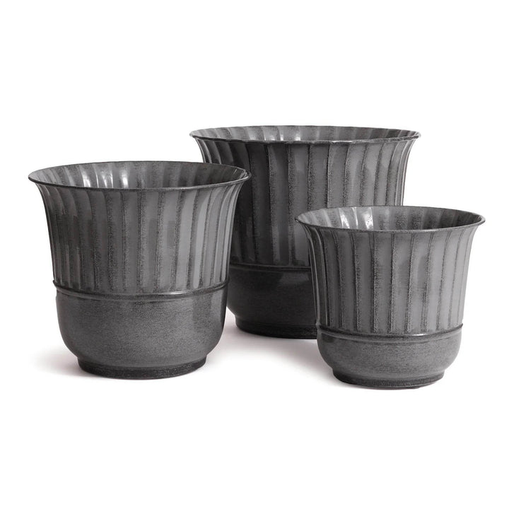 Modern Organic gray metal planter pots in a set of three with ridged detailing and flared rims