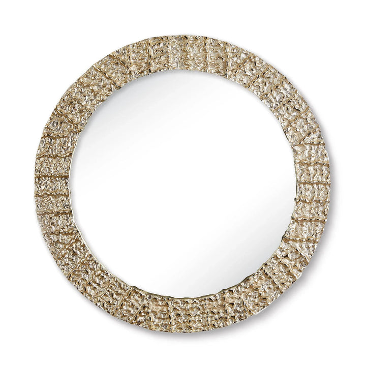 Front view of modern round wall mirror with textured champagne frame and smooth glass center