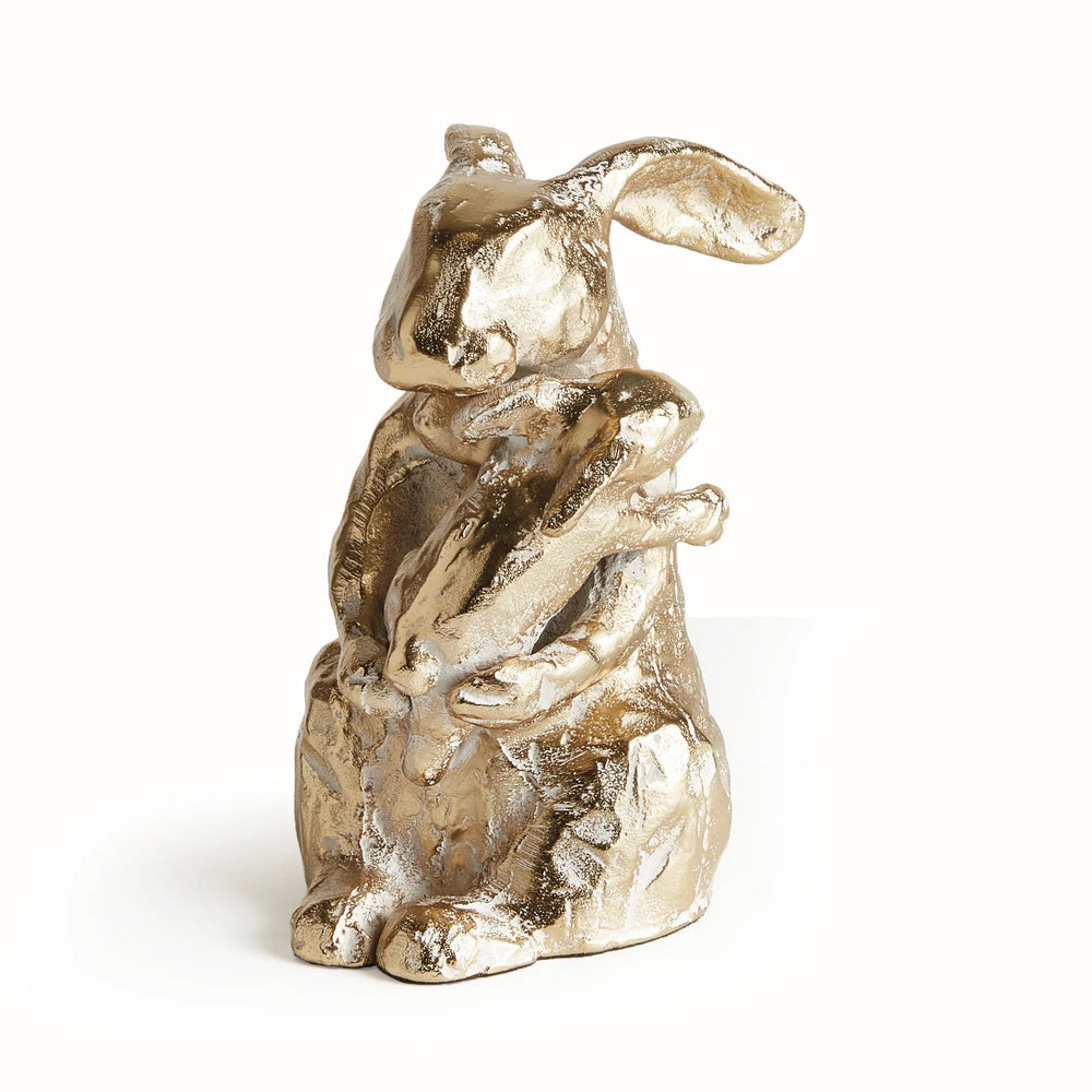 Gold mother rabbit sculpture holding baby in white ash gold finish, cast aluminum decorative accent with sculpted texture, rustic decor