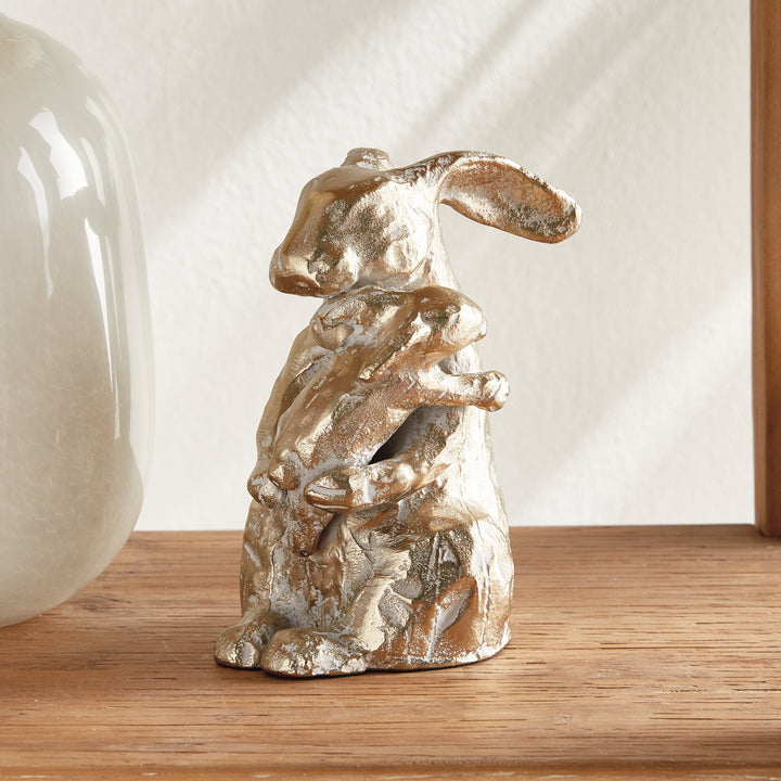 Left side view of gold mother rabbit sculpture with baby, white ash gold aluminum animal figurine, rustic decor