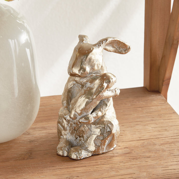Right side view of mother rabbit sculpture in white ash gold finish, sculpted aluminum decorative accent, rustic decor
