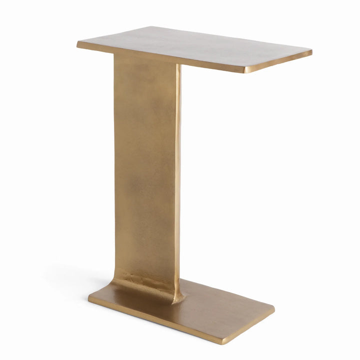 Narrow antique brass accent side table with slim pedestal base and rectangular top for modern living room, Contemporary Minimalist