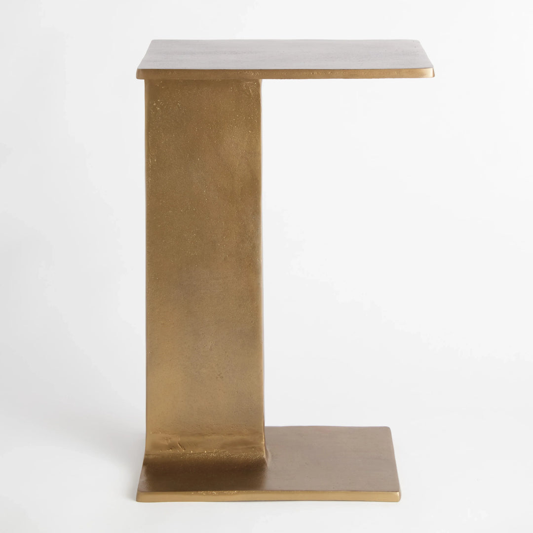 Front view of narrow antique brass accent side table with slim pedestal support and compact rectangular top, Contemporary Minimalist