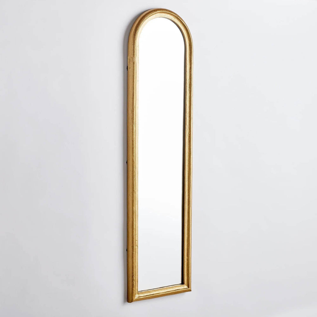 Side profile of narrow arched gold wall mirror; 1.5 inch deep, light aluminum frame for easy vertical hanging – Transitional.