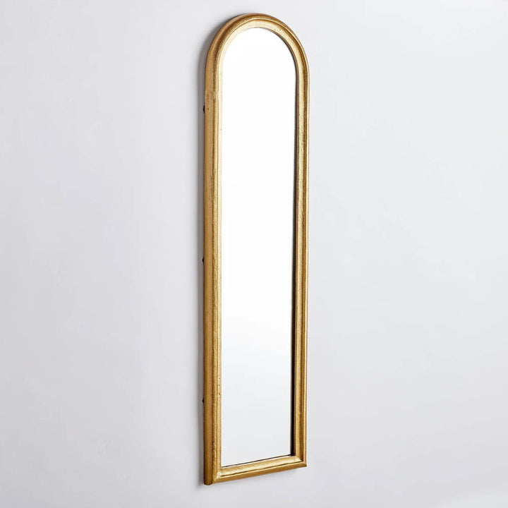 Side profile of narrow arched gold wall mirror; 1.5 inch deep, light aluminum frame for easy vertical hanging – Transitional.