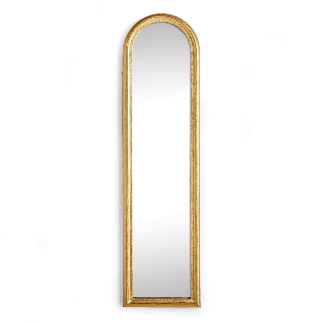 Narrow arched wall mirror with gold aluminum frame, 50 x 13 inches; ideal for entryway, bedroom, or foyer – Transitional.