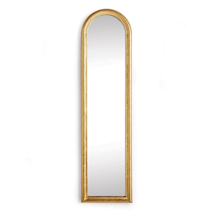 Narrow arched wall mirror with gold aluminum frame, 50 x 13 inches; ideal for entryway, bedroom, or foyer – Transitional.