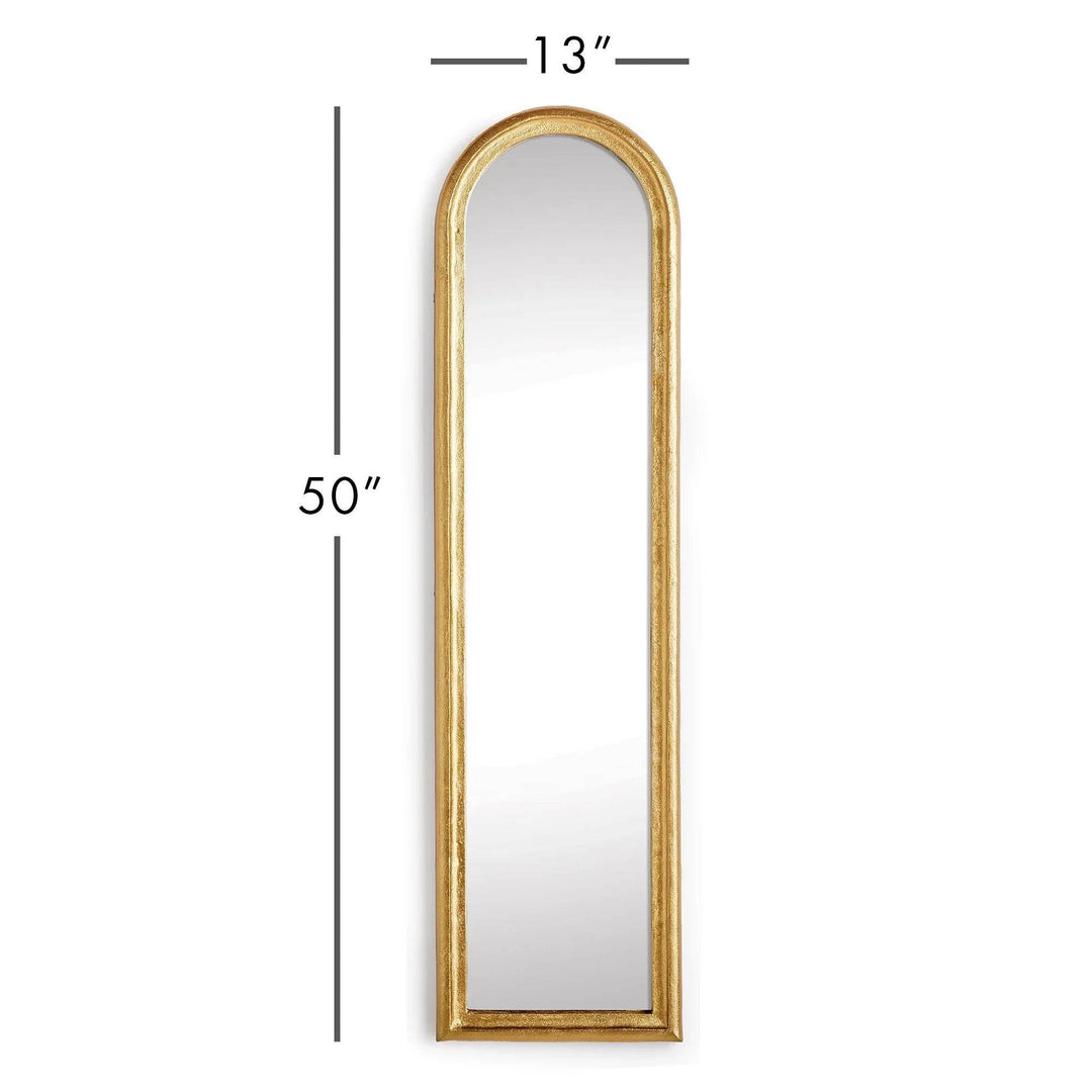 Narrow arched gold wall mirror dimensions; 50 inches tall, 13 inches wide; hooks included; ready to hang – Transitional.