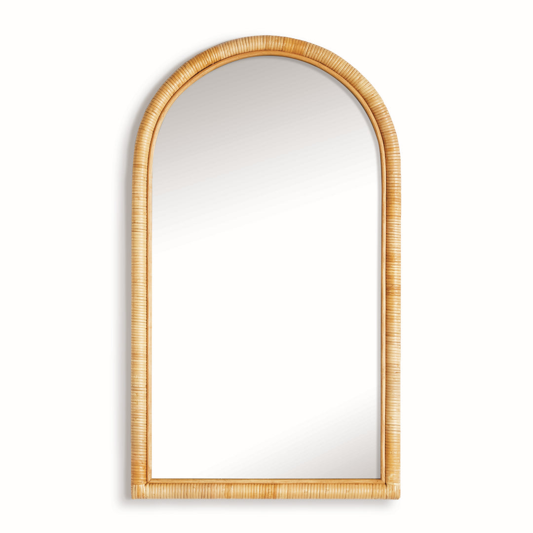 Front view of tall natural rattan arched wall mirror with rounded top, straight sides and slim natural rattan frame, Coastal