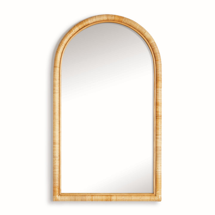 Front view of tall natural rattan arched wall mirror with rounded top, straight sides and slim natural rattan frame, Coastal