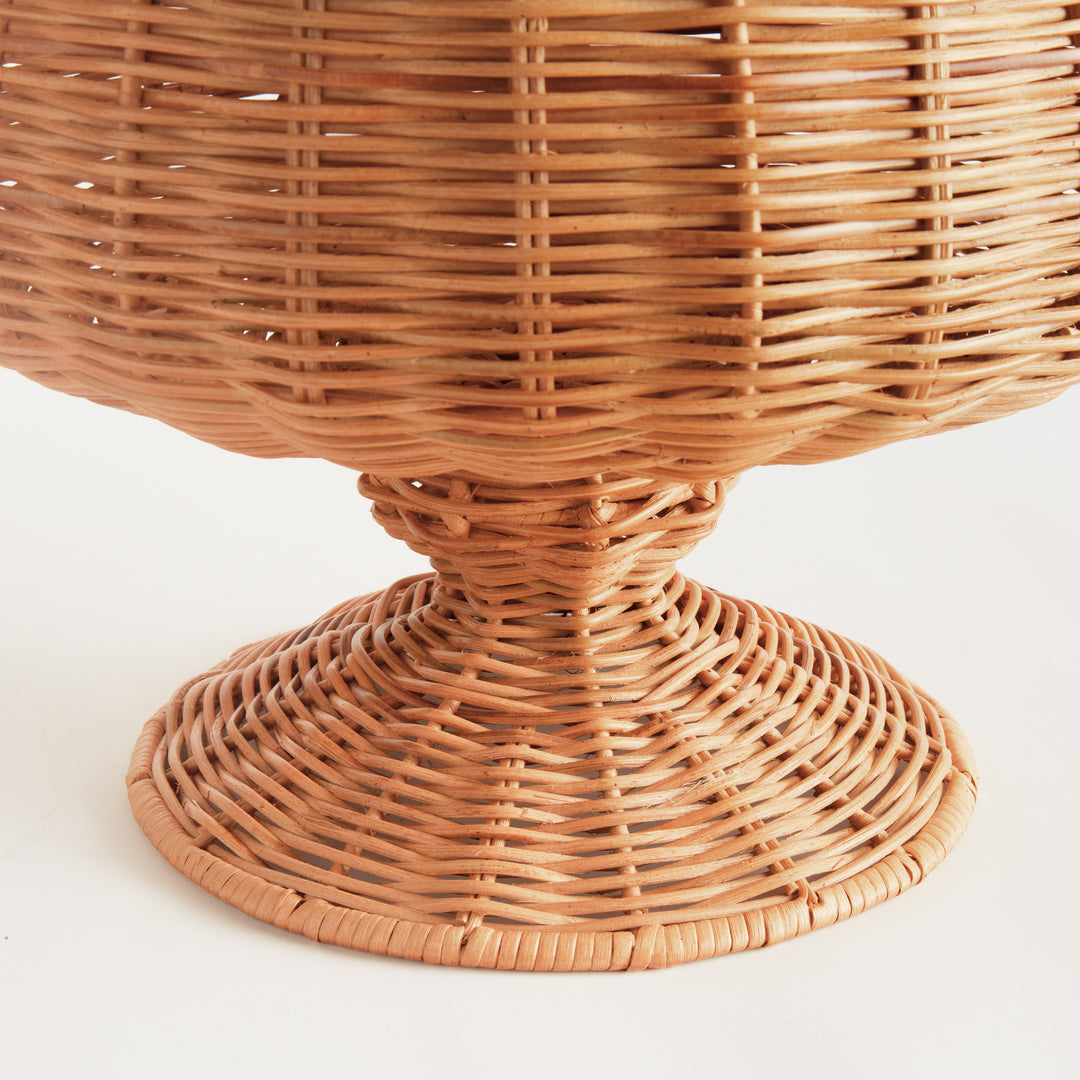 Close-up of the natural wide rattan footed urn pedestal base highlighting artisan woven construction – Coastal.