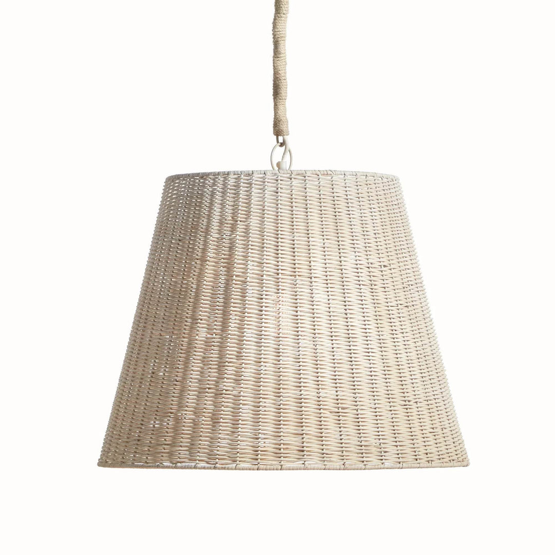 Large natural rattan pendant light with a tapered handwoven shade and jute-wrapped chain, shown against white in Coastal