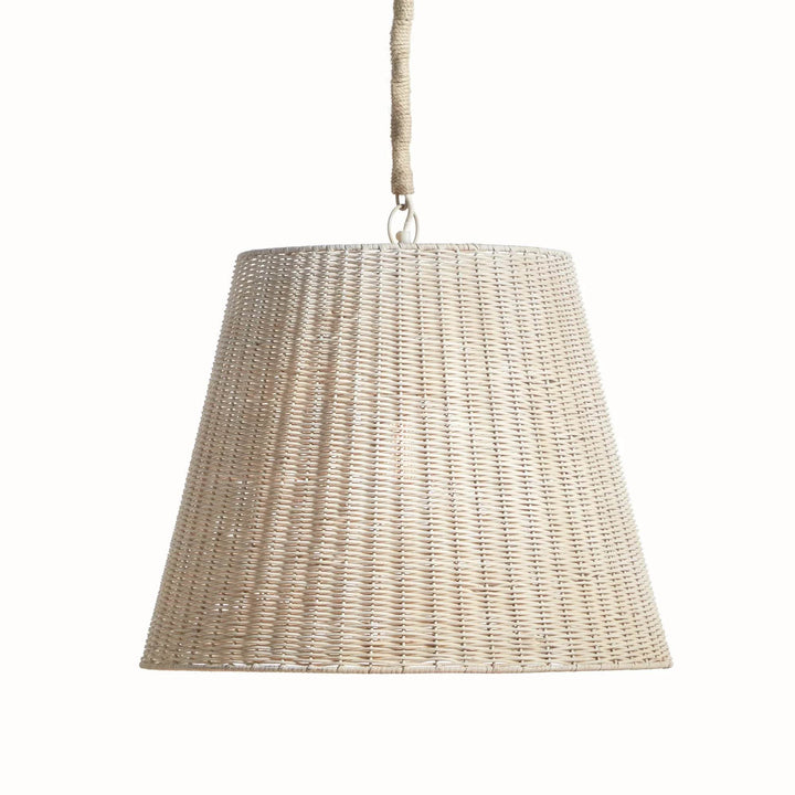 Large natural rattan pendant light with a tapered handwoven shade and jute-wrapped chain, shown against white in Coastal