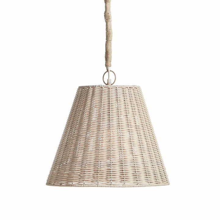 Small natural rattan pendant light with a tapered handwoven shade and jute-wrapped chain, isolated against white in Coastal