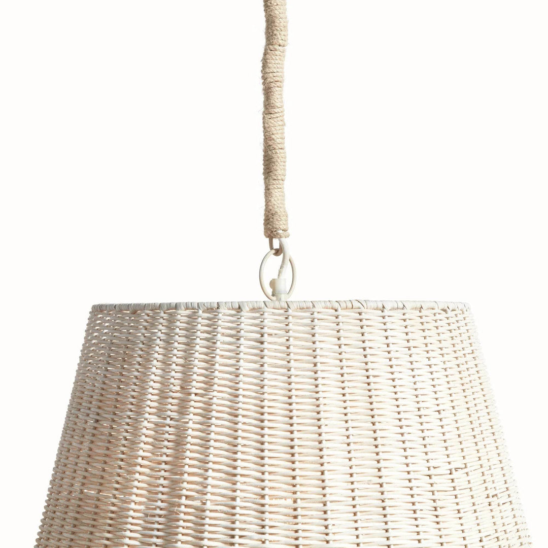 Upper shade detail of natural rattan pendant light with tapered woven sides and a suspended jute-wrapped chain in Coastal