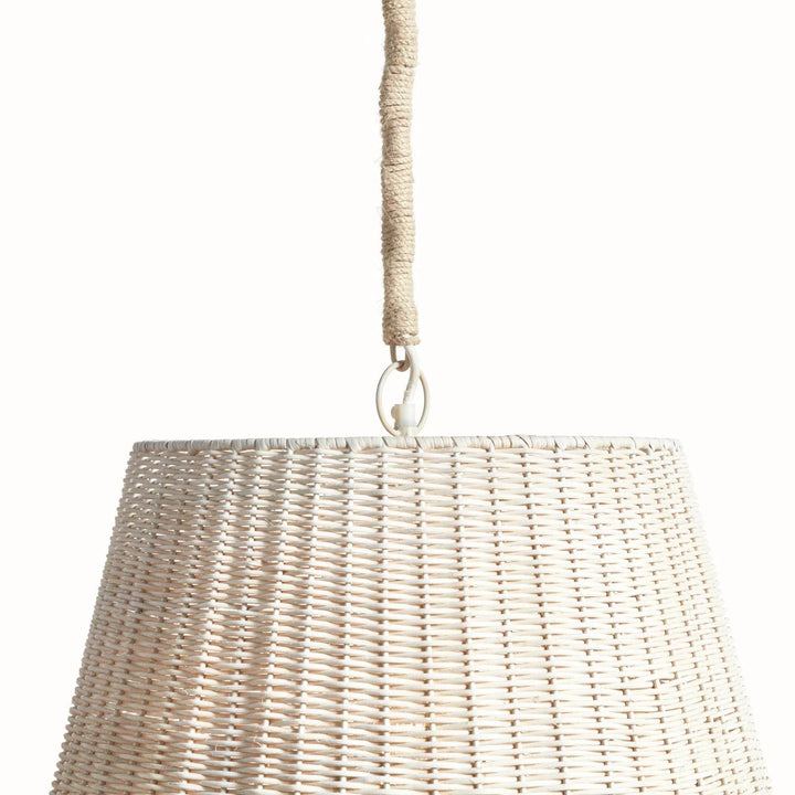 Upper shade detail of natural rattan pendant light with tapered woven sides and a suspended jute-wrapped chain in Coastal
