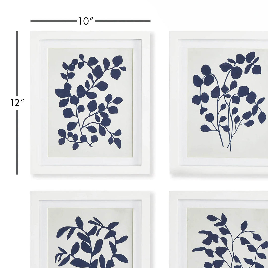 Framed navy botanical prints with dimensions marked 10 inches by 12 inches.


