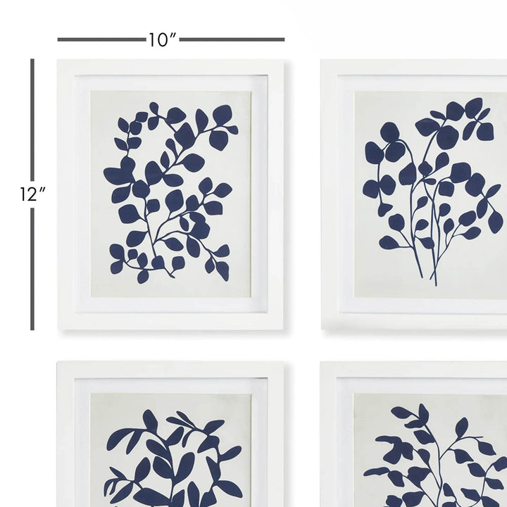 Framed navy botanical prints with dimensions marked 10 inches by 12 inches.

