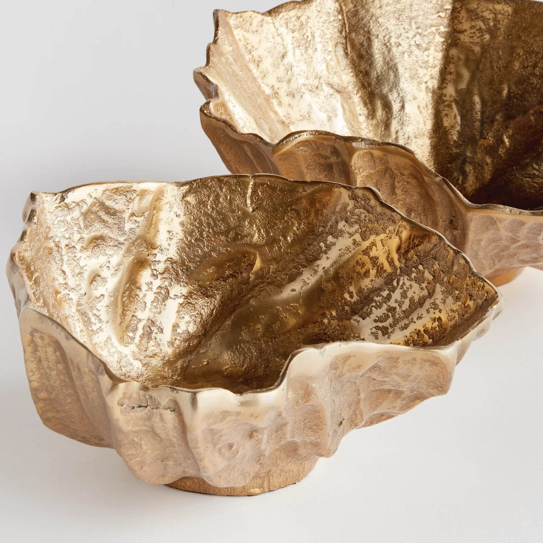 Nested gold cast aluminum shell bowls with curved edges and deep form, decorative accent bowls for tabletop styling – Modern Organic