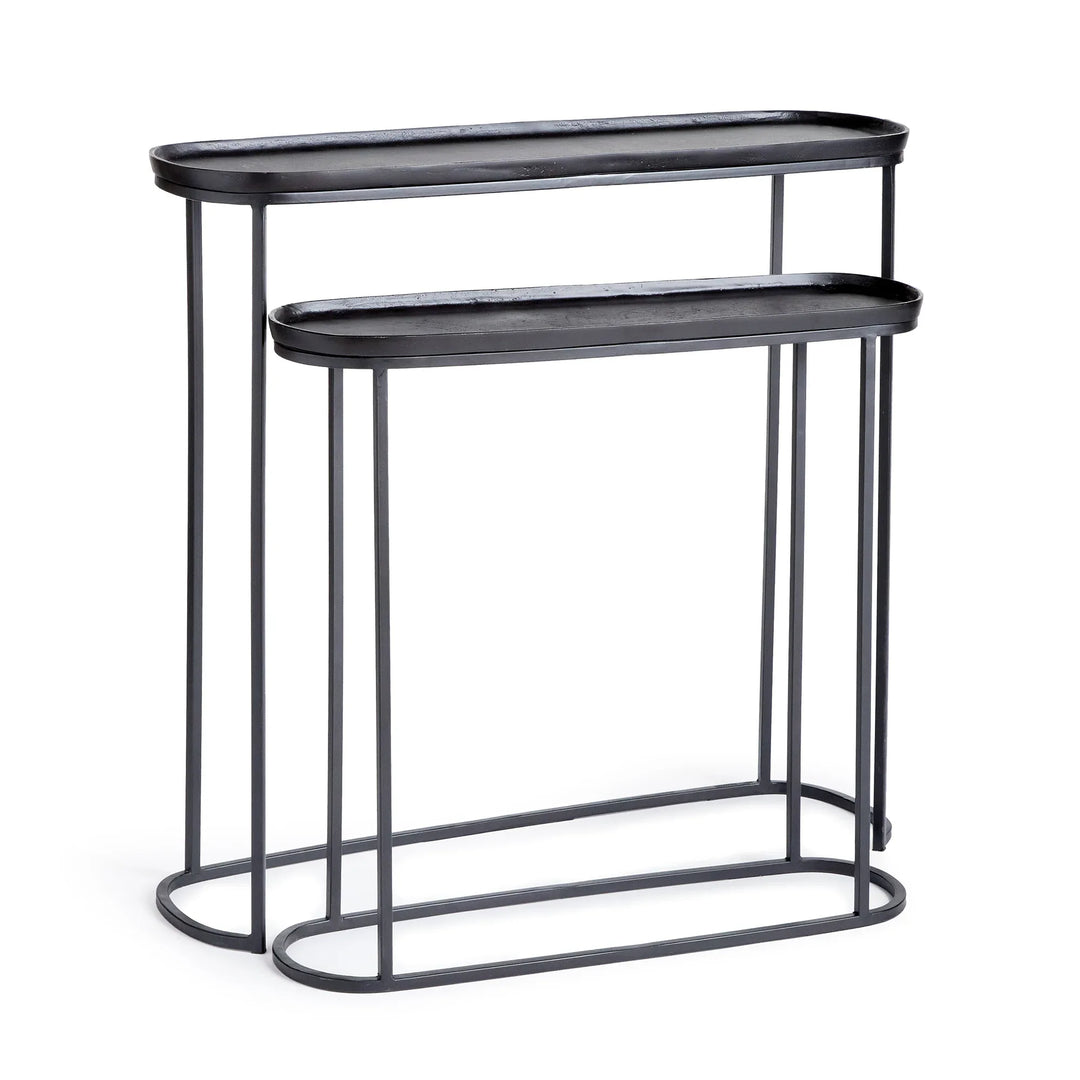 Black metal nesting console tables set of 2 with tray tops and slim open frame design for modern industrial interiors